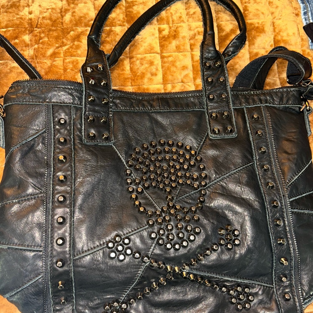 Studded Black Leather Tote Bag